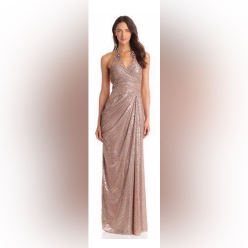 Adrianna Papell metallic halter embellished long dress